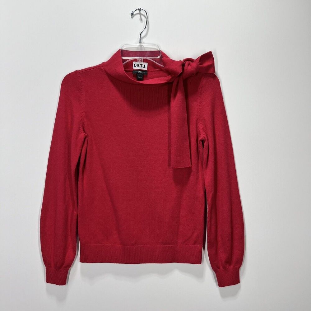 Ann Taylor Factory Sweater Womens Small Pink Tie Neck Pullover Long Sleeve Top
